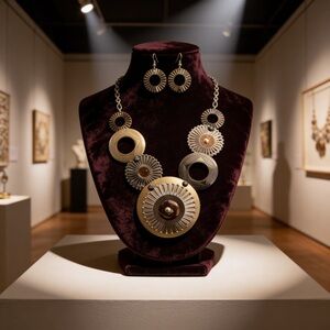 Eye Catching Mixed Metal Necklace Textured Circular Bib Style